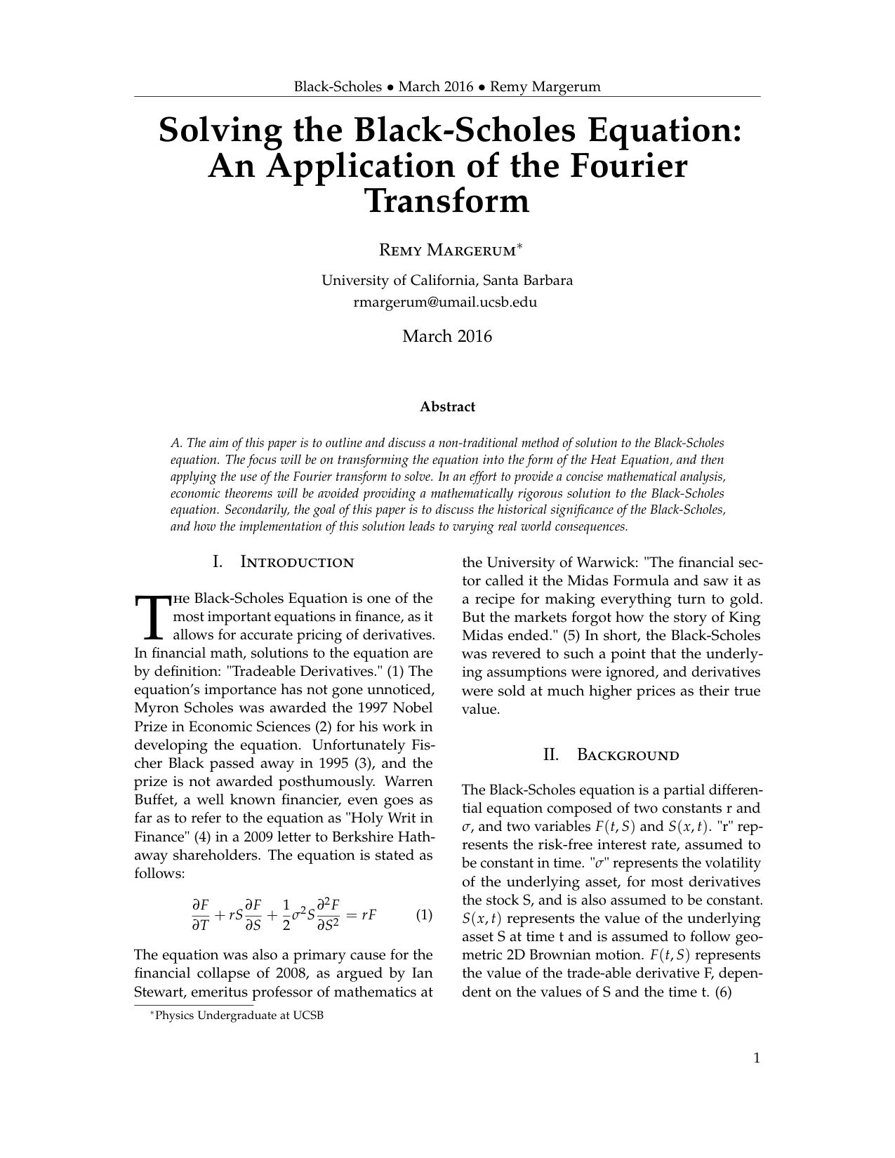 Solving the Black-Scholes Equation, page 1 of 6