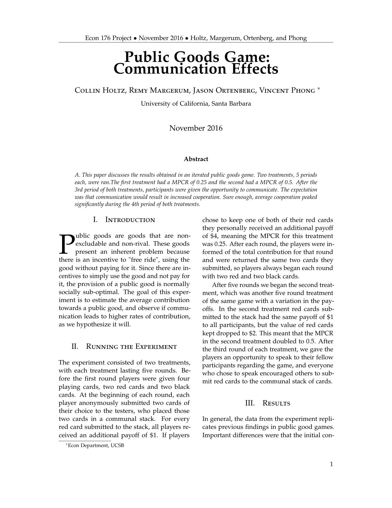 The Public Goods Game, page 1 of 6